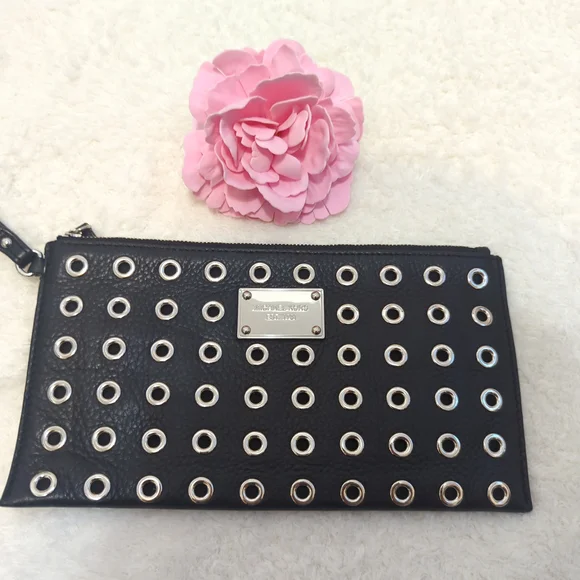 Michael Kors Black Leather Eyelet Wristlet Clutch Edgy Punk Biker Core Goth - Picture 3 of 3